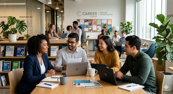 Group of people collaborating at a career event
